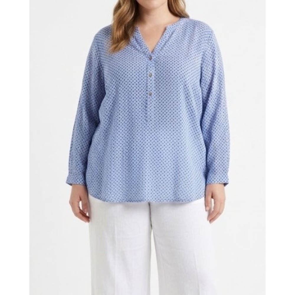 Grand & Greene Henley Blouse 1X Blue Geometric Print Soft Rayon V-Neck Top